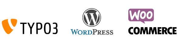 Online Marketing Logos: Typo3, WordPress, Woocommerce